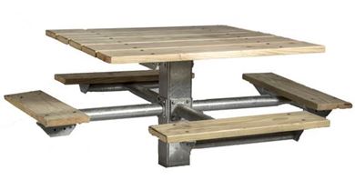 48" Single Post Square Wooden Picnic Table with Galvanized 6" In-Ground Pedestal