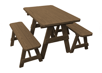 4 ft. Traditional Wooden Picnic Table with Detached Benches in Yellow Pine, Western Cedar, or Pressure Treated Pine