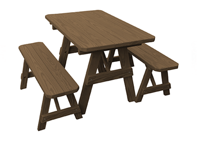 4 ft. Traditional Wooden Picnic Table with Detached Benches in Yellow Pine, Western Cedar, or Pressure Treated Pine