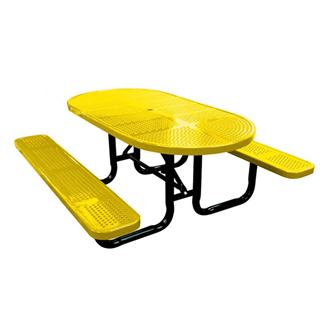 OPT72P-PERF - 6 FT. Oval Thermoplastic Perforated Steel Picnic Table With Black Portable Galvanized Steel Frame