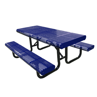 TRE6XPP-PERF - 6 FT. Radial Edge Rectangle Thermoplastic Perforated Steel Picnic Table With Black Portable Galvanized Steel Frame