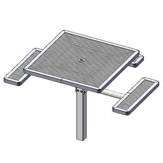 T46RCPED-3S - 46” Space-Saving Regal Style Single Pedestal Square Thermoplastic Steel Picnic Table With 3 Attached Benches, Inground Mount 