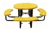 Yellow 46 inch round perforated thermoplastic steel picnic table with black surface mount frame