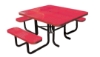 Red 46 inch ADA 3-seat square perforated thermoplastic steel picnic table with black surface mount frame