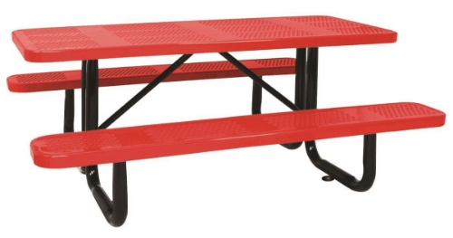 Red 6 ft rectangular perforated thermoplastic steel picnic table with black surface mount frame