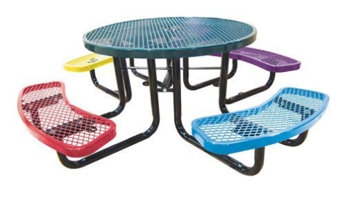 46 inch children's round expanded metal picnic table with portable black powder coated galvanized steel frame and multicolor seats
