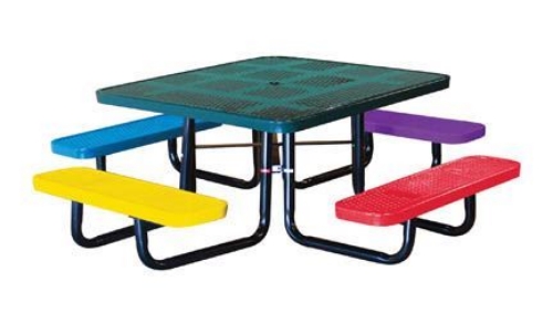 46 inch children's square perforated metal picnic table with portable black powder coated galvanized steel frame and multicolor seats