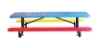 8 ft children's rectangular perforated thermoplastic picnic table with black surface mount frame in blue red and yellow