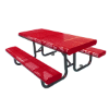 Red 10 ft radial edge perforated thermoplastic steel picnic table with black surface mount galvanized frame