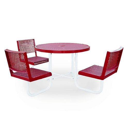 T42RASS-3 - 46” Space Saver Cafe Expanded Metal Style Round Thermoplastic Steel Picnic Table With 3 Attached Seat With Backs, Portable Mount