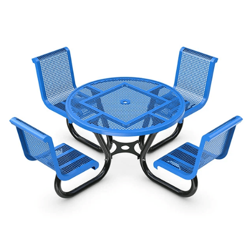 T42RASSINNV - 46” Cafe Innovated Metal Style Round Thermoplastic Steel Picnic Table With Backed Seats, Portable Mount
