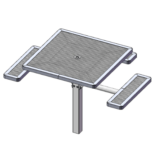 T46RCPED-3S - 46” Space-Saving Regal Style Single Pedestal Square Thermoplastic Steel Picnic Table With 3 Attached Benches, Inground Mount 