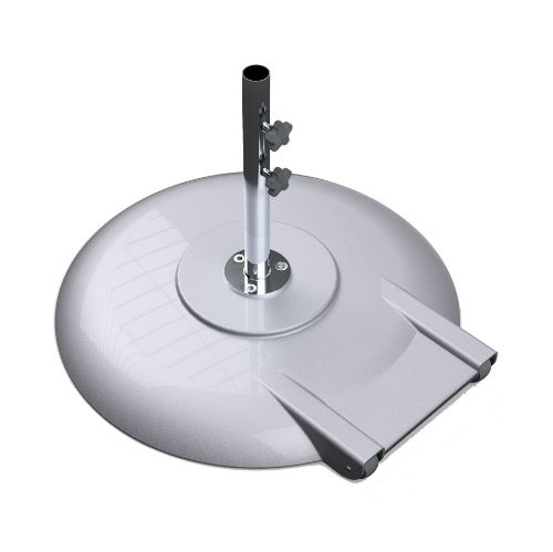 Silver Mist 150 lbs aluminum concrete umbrella base with 18-inch stem and hooded wheels for freestanding patio umbrellas.