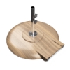 Heather Willow Light wood grain aluminum umbrella base weighing 150 lbs with 18-inch stem and hidden wheels for freestanding patio umbrellas.