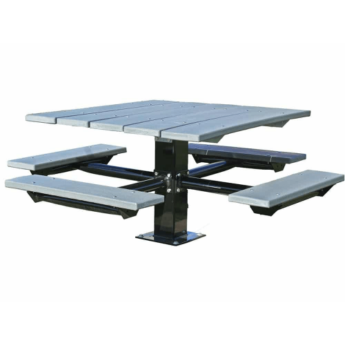 48 in square recycled plastic pedestal picnic table with four benches and backrests on single center post frame  4SPTCRPSM