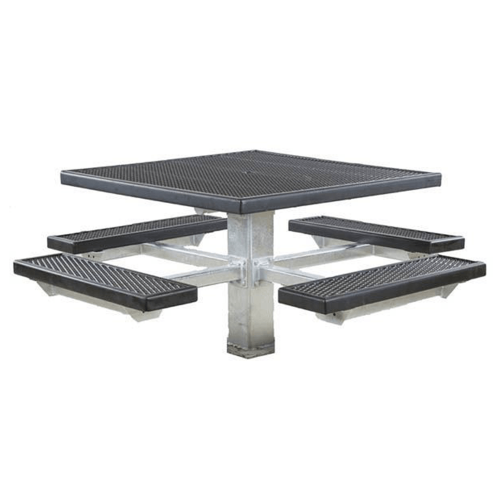 The 4SPTGVP model is a 48-inch square plastisol picnic table with four attached seats supported by a galvanized single-post pedestal designed for inground installation.