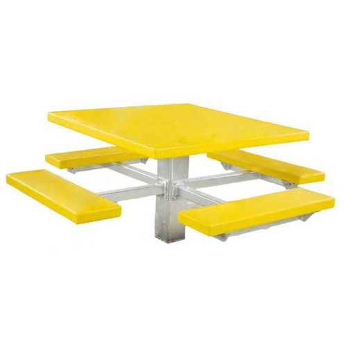 48 in square fiberglass picnic table with yellow fiberglass top and seats and galvanized inground pedestal frame 4SPTGF