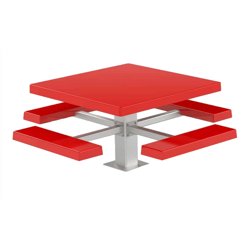 48 in square fiberglass picnic table with red fiberglass top and seats and galvanized surface mount pedestal frame 4SPTGF
