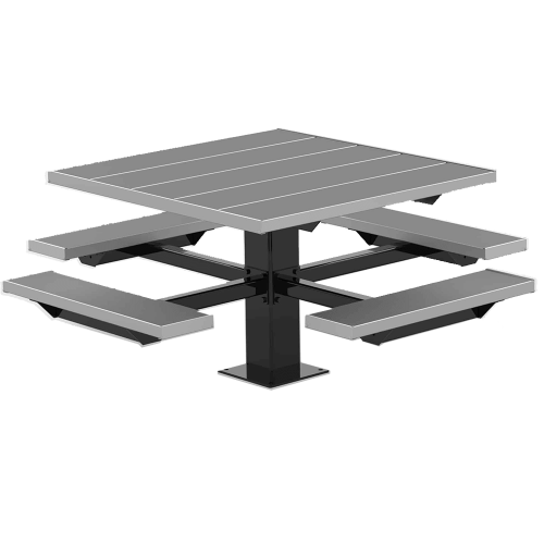48 in square aluminum picnic table with four attached seats and black pedestal steel frame 4SPTCASM