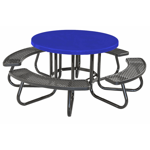 36 in round fiberglass picnic table with blue fiberglass top and plastisol curved seats on black steel frame RTR3CFVPS