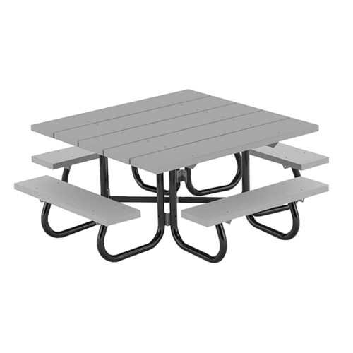 48 in children's square recycled plastic picnic table with gray planks and black steel walk-through frame CS4SJCRP