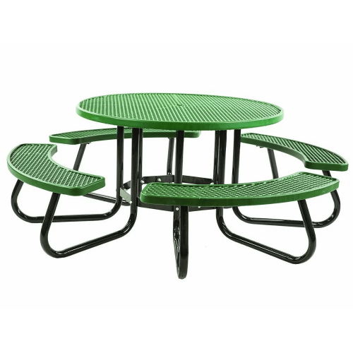 48 in round plastisol picnic table with green coated expanded metal top and seats on black steel frame RTRCVP