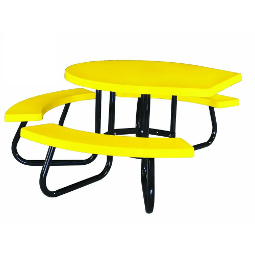 48 in ADA round fiberglass picnic table with yellow fiberglass top and three curved seats on black steel frame RTRCFADA