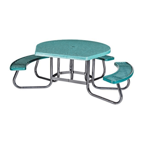 48 in ADA round plastisol picnic table with green coated expanded metal top and three seats on black frame RTRCVPADA