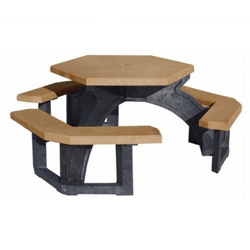 41 in hexagonal recycled plastic picnic table with cedar color top and seats on black molded frame PRSHT