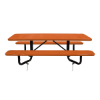 Orange 8 ft ADA Y-frame perforated thermoplastic steel picnic table with black inground galvanized frame