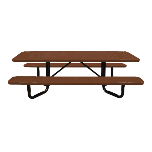 Brown 8 ft ADA Y-frame perforated thermoplastic steel picnic table with black portable galvanized frame