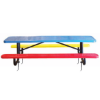 8 ft children's perforated thermoplastic steel picnic table with inground black powder coated frame in blue red and yellow