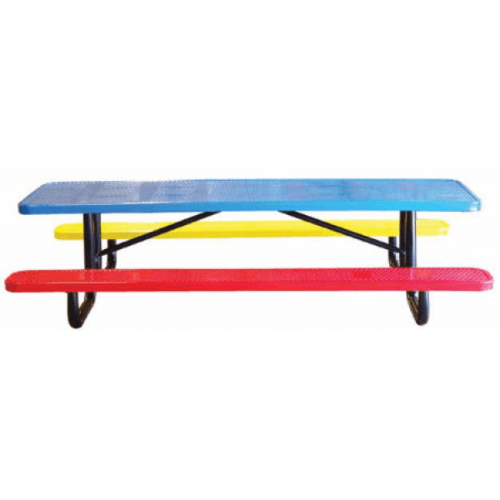 8 ft children's perforated thermoplastic steel picnic table with portable black powder coated frame in blue red and yellow