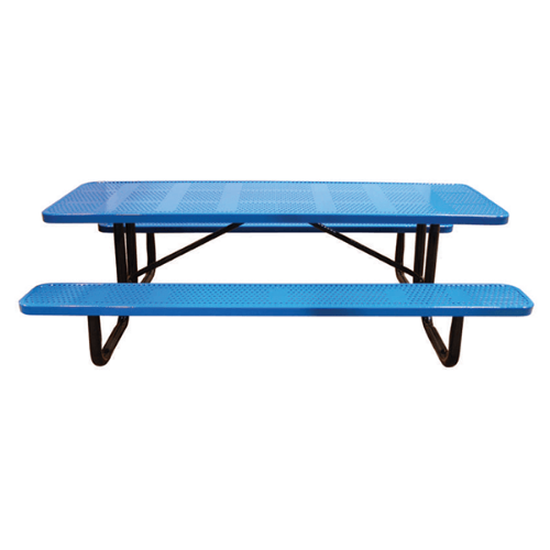 Blue 8 ft rectangular perforated thermoplastic steel picnic table with black portable galvanized steel frame