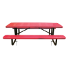 Red 8 ft rectangular perforated thermoplastic steel picnic table with black inground galvanized steel frame