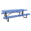 Blue 8 ft rectangular expanded thermoplastic steel picnic table with black inground galvanized steel frame
