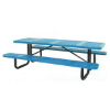 Blue 6 ft rectangular perforated thermoplastic steel picnic table with black portable galvanized steel frame