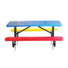 6 ft children's perforated thermoplastic steel picnic table with inground black powder coated frame in blue red and yellow