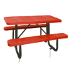 Red 4 ft rectangular perforated thermoplastic steel picnic table with black inground galvanized steel frame