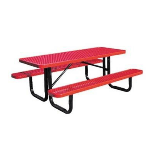 Red 4 ft rectangular expanded thermoplastic steel picnic table with black portable galvanized steel frame