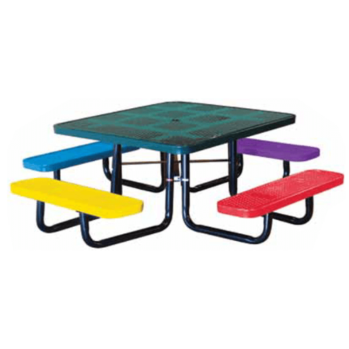 46 inch children's square expanded metal picnic table with portable black powder coated galvanized steel frame and multicolor seats