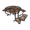 Brown 46 inch ADA 3-seat round expanded thermoplastic steel picnic table with black inground galvanized steel frame