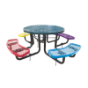 46 inch children's round expanded metal picnic table with inground black powder coated galvanized steel frame and multicolor seats