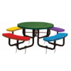 46 inch children's round perforated metal picnic table with inground black powder coated galvanized steel frame and multicolor seats