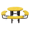 Yellow 46 inch round perforated thermoplastic steel picnic table with black inground galvanized steel frame