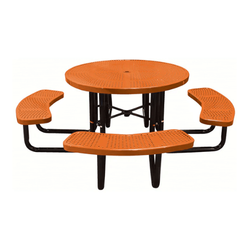 Orange 46 inch round perforated thermoplastic steel picnic table with black portable galvanized steel frame