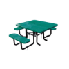 Green 46 inch ADA 3-seat square perforated thermoplastic steel picnic table with black inground galvanized steel frame