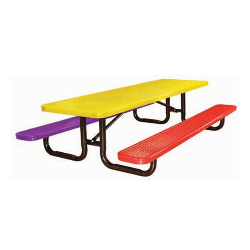 6 ft children's rectangular expanded thermoplastic steel picnic table with portable black powder coated frame in yellow red and purple