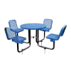 Blue 36 inch round thermoplastic expanded steel picnic table with four individual seats and black inground frame
