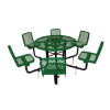 Green 46 inch round thermoplastic expanded steel picnic table with six individual seats and inground frame